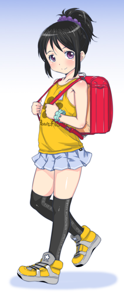 1girl, backpack, bag, black_hair, mudou_eichi, randoseru, shoes, short_hair