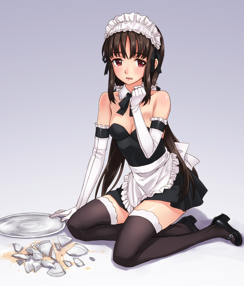 1girl, apron, bare_shoulders, black_legwear, breasts, broken_cup, broken_plate, brown_hair, cleavage, detached_collar, elbow_gloves, gloves, long_hair, looking_at_viewer, maid, maid_headdress, matsuryuu, red_eyes, shoujo_material, solo, tears, thighhighs, tray, waist_apron, white_gloves, zettai_ryouiki