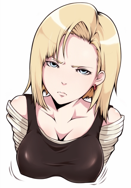 android_18, blonde_hair, blue_eyes, bouncing_breasts, breasts, cleavage, dragon_ball, dragon_ball_z, dragonball, dragonball_z, erect_nipples, frown, ina_(gokihoihoi), ina_(pixiv6911), large_breasts, short_hair
