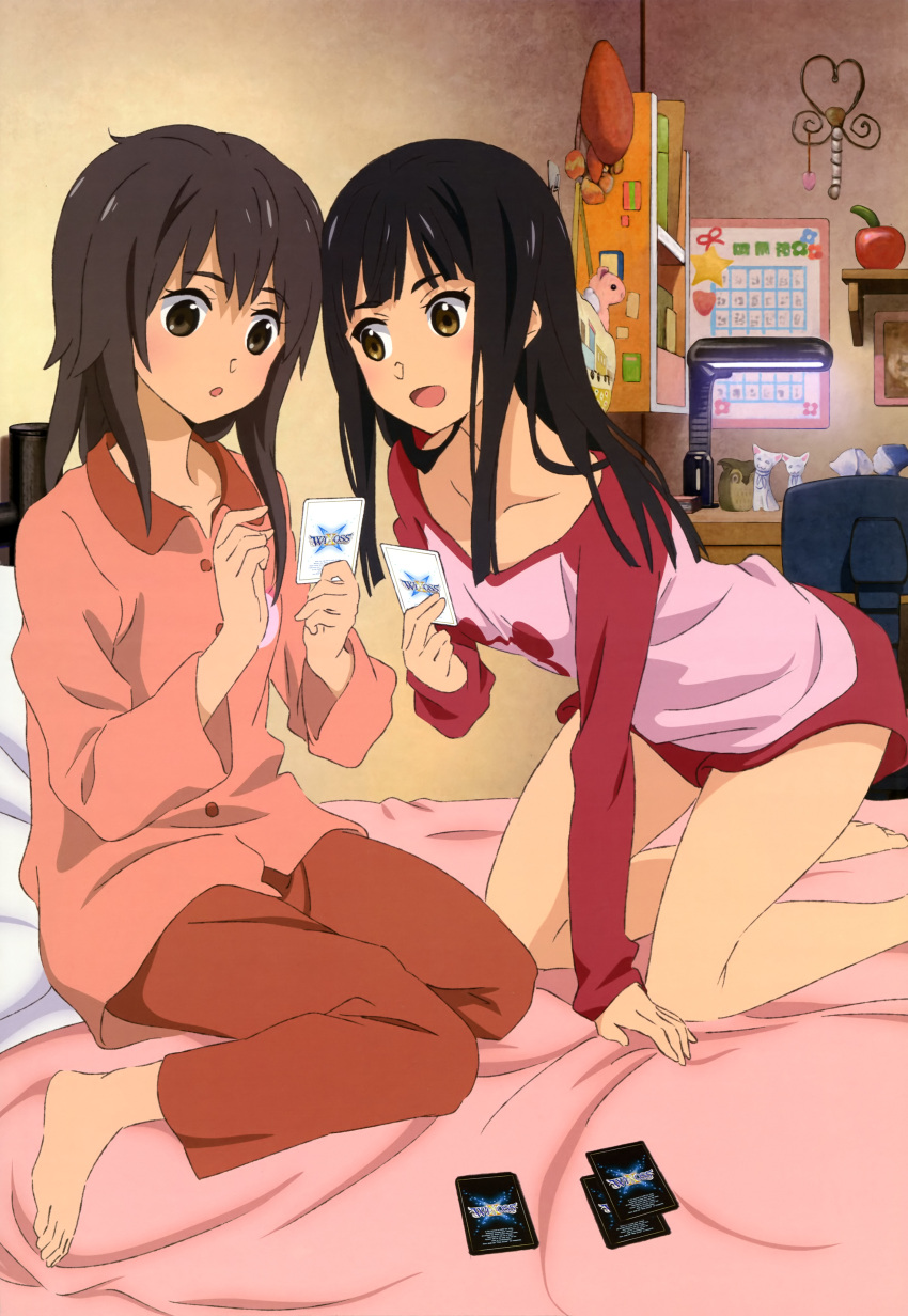 2girls, absurdres, barefoot, black_hair, brown_eyes, brown_hair, card, error