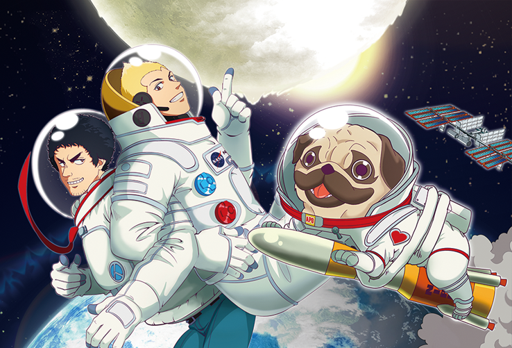 2boys, afro, animal, apo, astronaut, black_hair, blonde_hair, dog