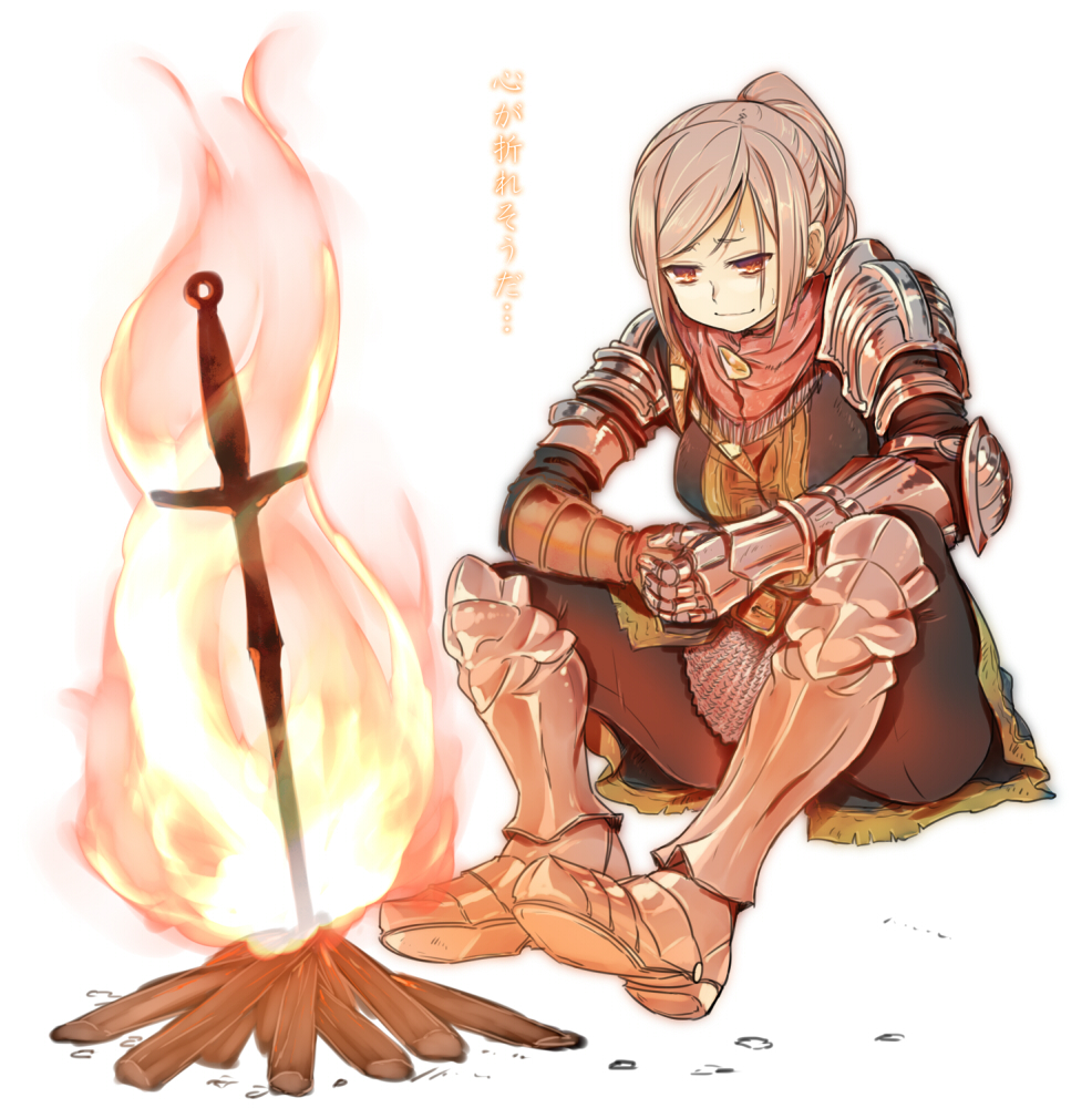 1girl, armor, blonde_hair, bonfire, chainmail, dark_souls, fire, full_armor, gauntlets, greaves, long_hair, minatsuki_randoseru, ponytail, simple_background, sitting, solo, souls_(from_software), sword, translated, weapon, white_background