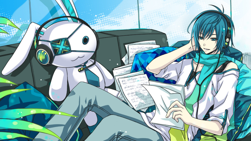 blue_eyes, blue_hair, bunny, eyepatch, headphones, headset, kaito, kutenriri, male, rabbit, scarf, sheet_music, sitting, smile, solo, stuffed_animal, stuffed_toy, vocaloid