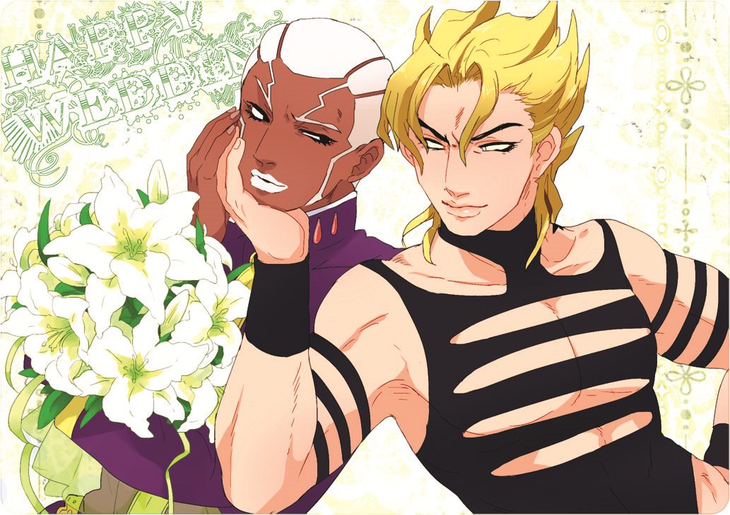 2boys, blonde_hair, chouko_(waru), dark_skin, dio_brando, enrico_pucci, flower, jojo_no_kimyou_na_bouken
