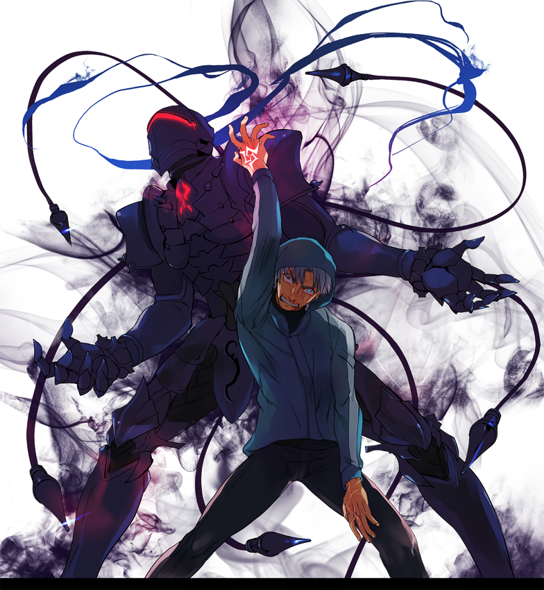 2boys, armor, berserker_(fate/zero), command_spell, fate/zero, fate_(series), full_armor, helmet
