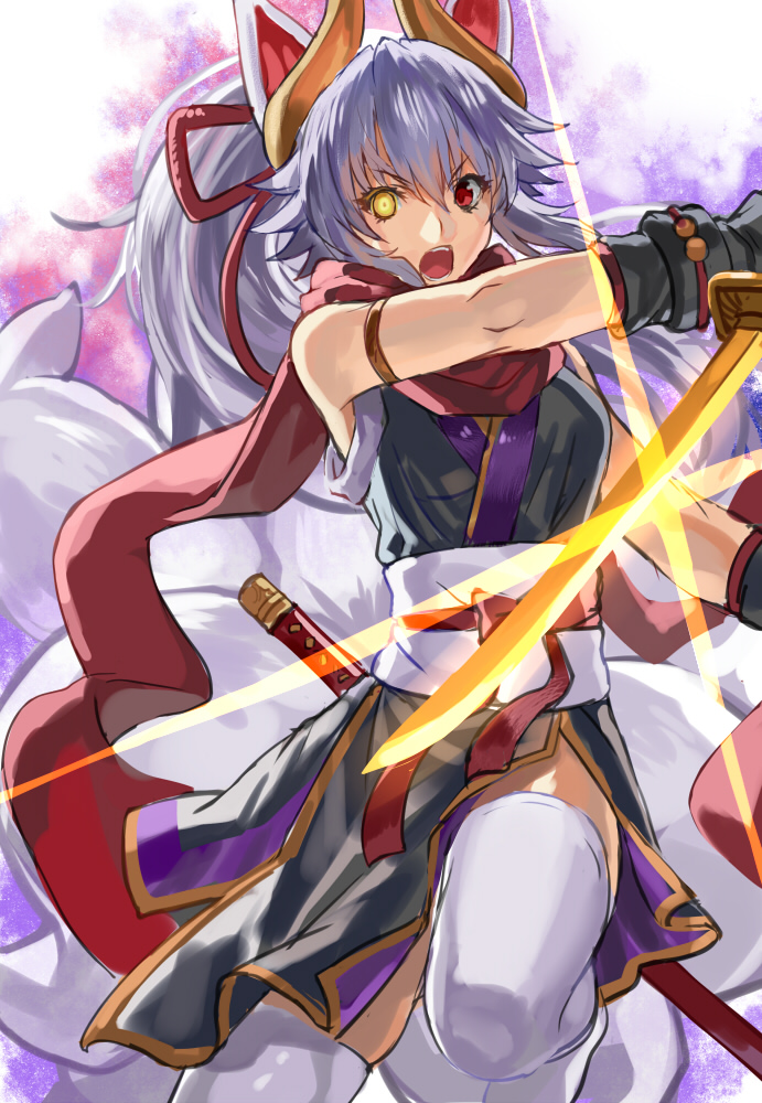 1girl, animal_ears, fox_ears, fox_tail, heterochromia, horns, katana, kuon_(shinrabanshou)