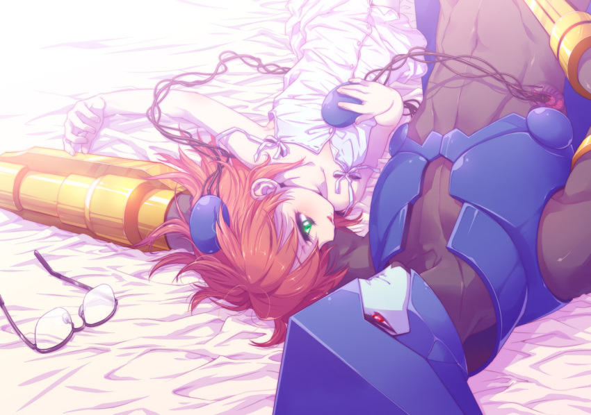 1girl, asagi_marin, bed_sheet, bow, brigadoon, dress, glasses, green_eyes