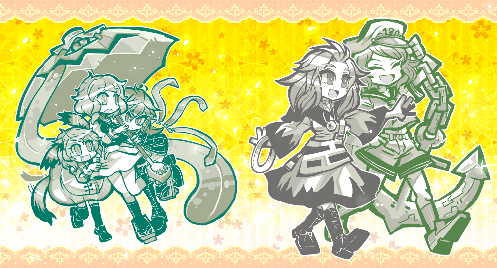 >:(, 5girls, :d, anchor, animal_ears, asymmetrical_wings, blush_stickers, boots