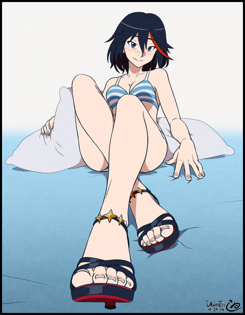 1girl, black_border, black_hair, blush, bra, breasts, feet, highres