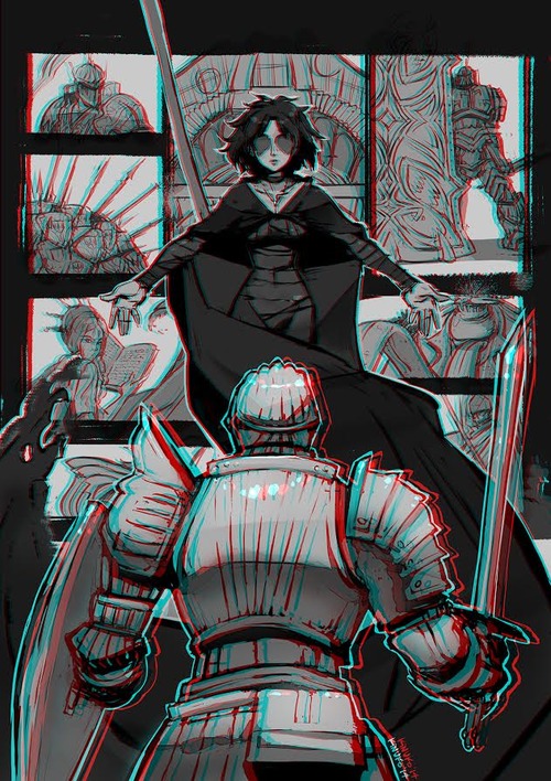 1girl, adjudicator, anaglyph, armor, bandages, cape, choker, demon's_souls