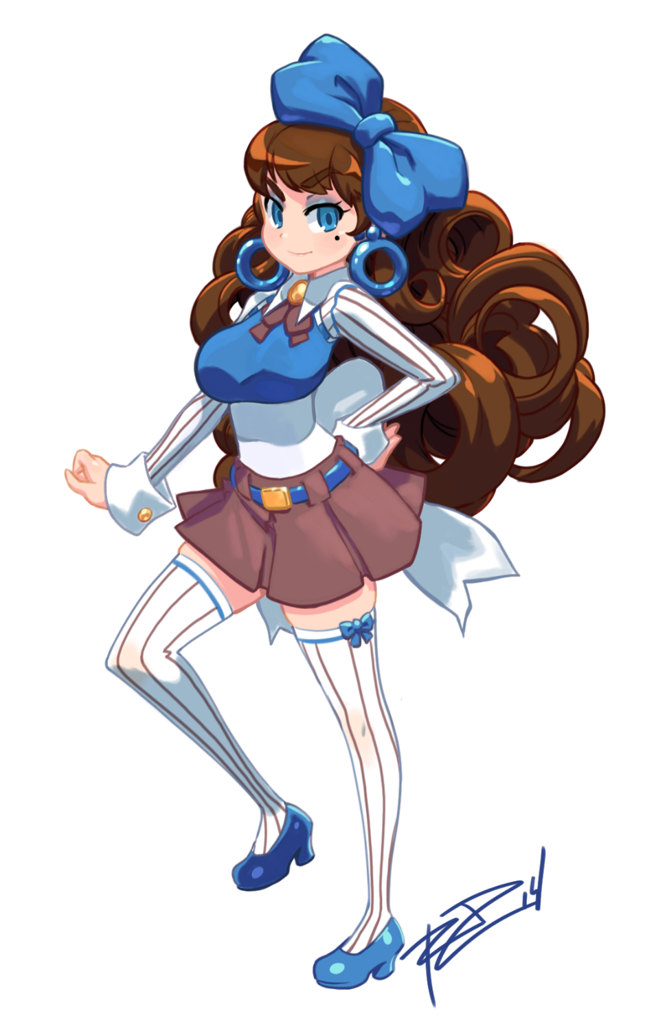 1girl, bliss_barson, blue_eyes, bow, breasts, brown_hair, cryamore, curly_hair, earrings, eyeshadow, full_body, hair_bow, hand_on_hip, harada_takehito_(style), highres, hoop_earrings, jewelry, long_hair, makeup, mole, parody, robert_porter, skirt, smile, solo, striped, striped_legwear, style_parody, thigh-highs, vertical-striped_legwear, vertical_stripes, white_legwear, zettai_ryouiki