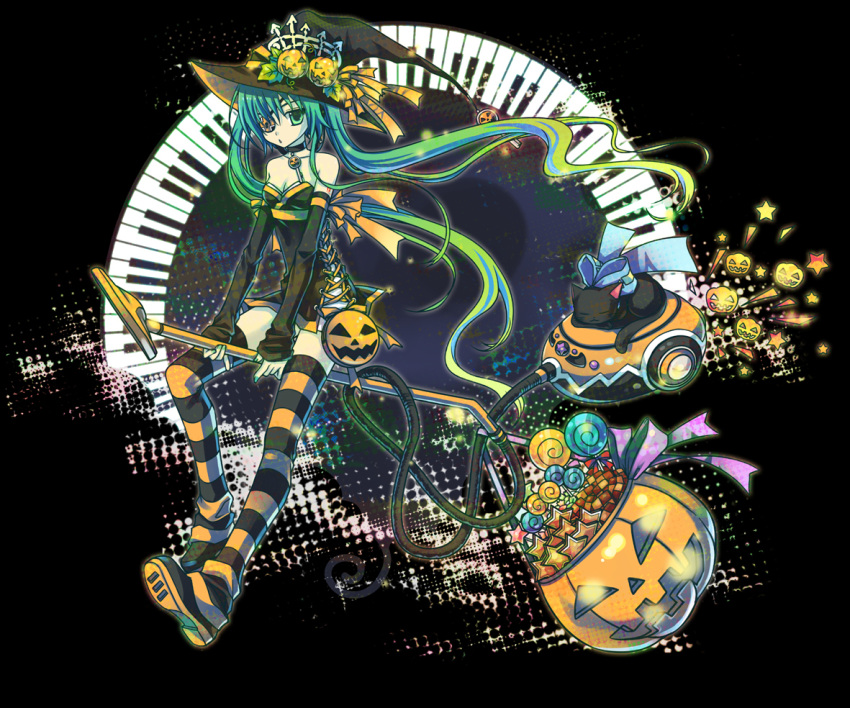 aqua_hair, candy, cat, detached_sleeves, halloween, hatsune_miku, kutenriri, legs