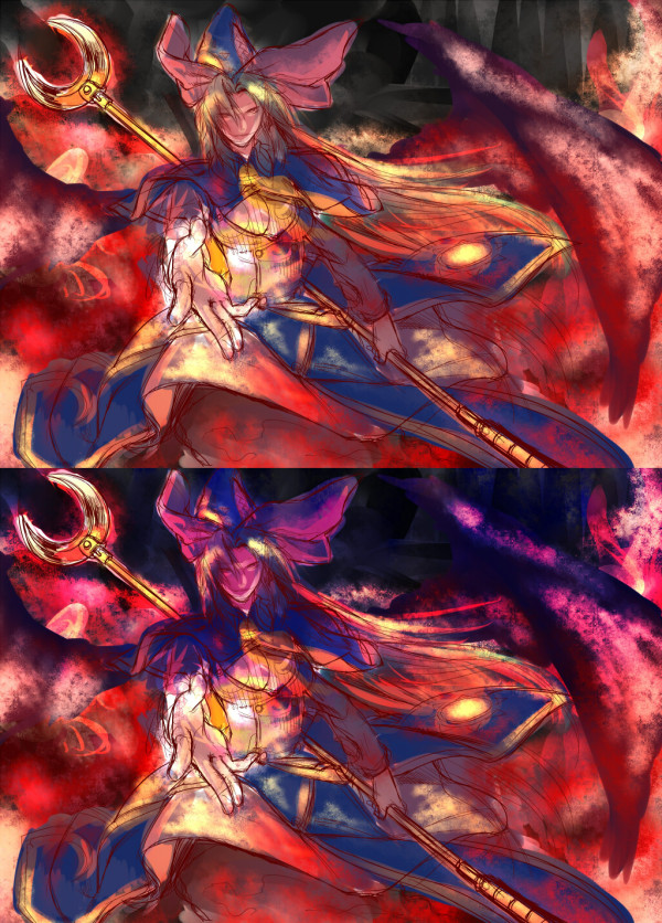 1girl, aritoki_ritsu, cape, comparison, demon_wings, green_hair, hat, long_hair
