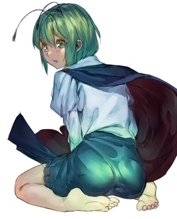 1girl, :o, antennae, aritoki_ritsu, ass, barefoot, blush, cape