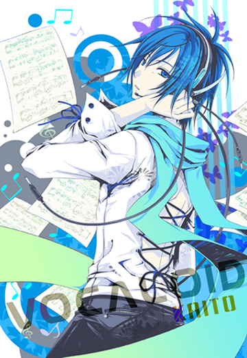 1boy, blue_eyes, blue_hair, butterfly, cable, casual, hand_on_headphones, headphones