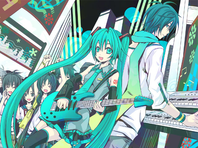 aqua_hair, back-to-back, back_to_back, detached_sleeves, guitar, hatsune_miku, headphones, headset