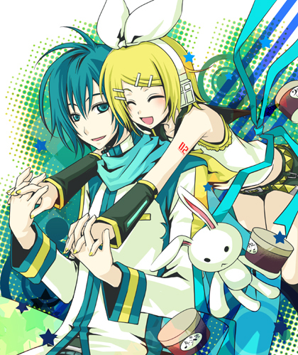 blue_eyes, blue_hair, bunny, hair_ornament, hair_ribbon, hairclip, hand_holding, holding_hands