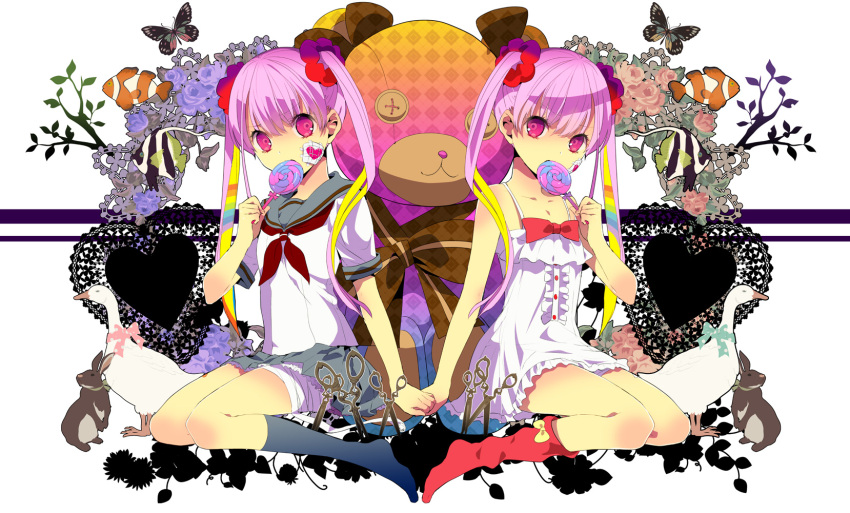 2girls, bandages, bird, bow, butterfly, candy, clownfish, dress