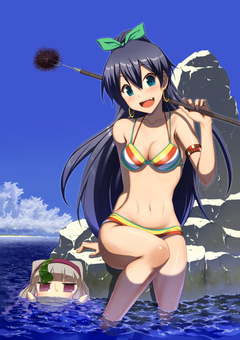 2girls, :d, armlet, bident, bikini, black_hair, blue_eyes, blush