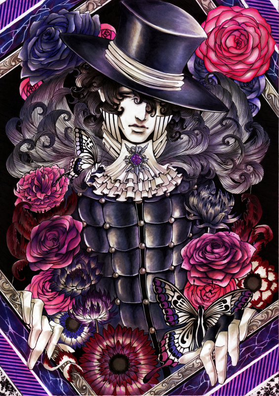 1boy, flower, hat, hikitsu_juusou, jojo_no_kimyou_na_bouken, magenta_magenta, solo, steel_ball_run, top_hat