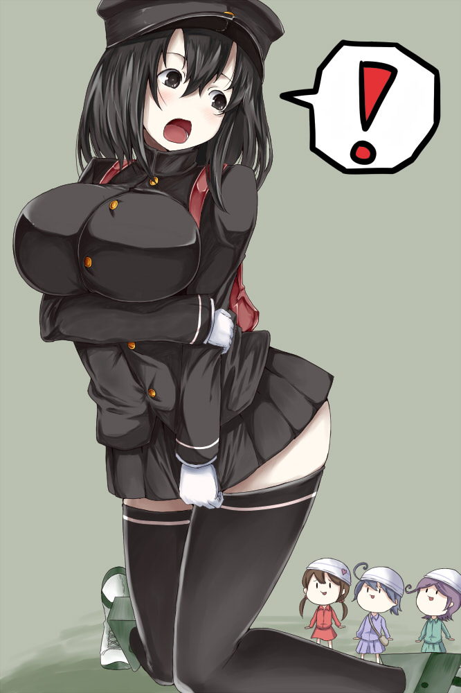 !, 1girl, akitsu_maru_(kantai_collection), black_hair, damage_control_crew_(kantai_collection), gloves, hat, hiba_(p-p-purin)