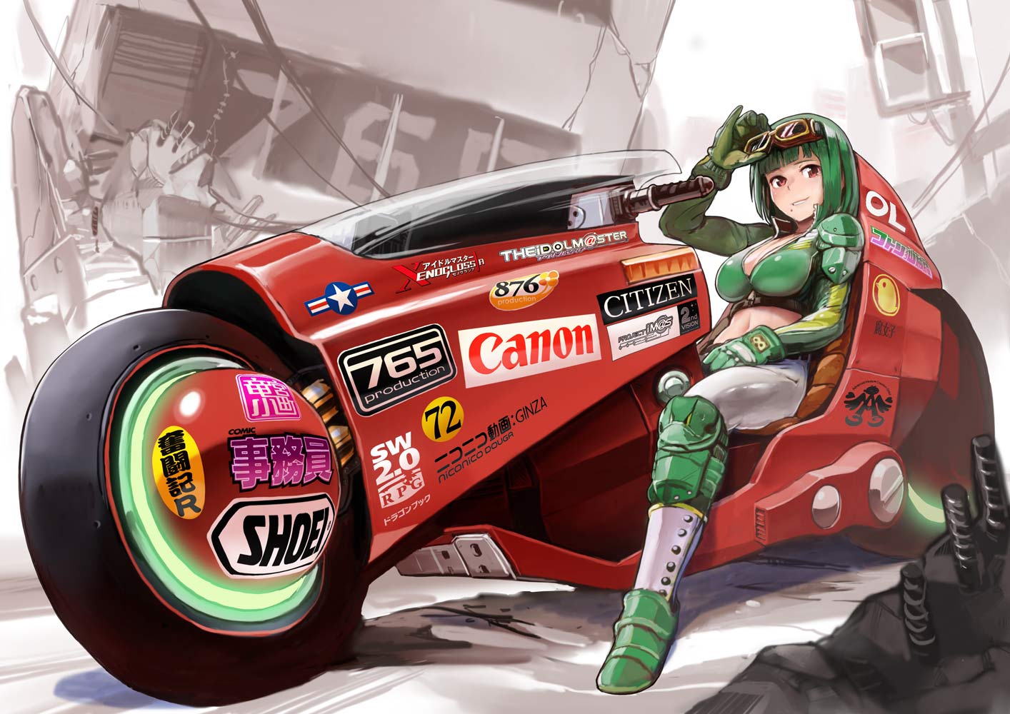 1girl, akira, bikini_top, bob_cut, brown_eyes, canon_(company), citizen, gloves, goggles, goggles_on_head, green_hair, idolmaster, idolmaster_xenoglossia, knee_pads, kousaku, logo, long_sleeves, looking_at_viewer, mole, motor_vehicle, motorcycle, navel, niconico, otonashi_kotori, pants, ryuuguu_komachi, shoei, short_hair, sitting, smile, solo, us_air_force, vehicle