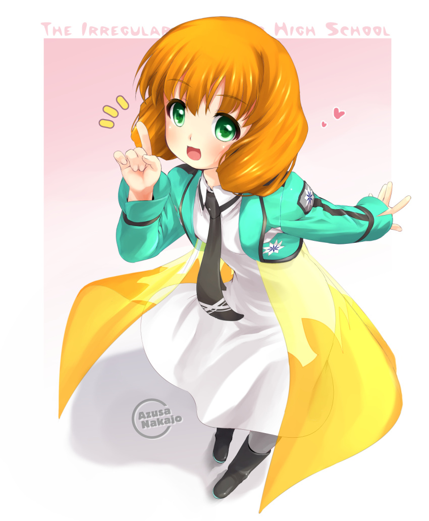 1girl, :d, blush, boots, cape, character_name, green_eyes, highres