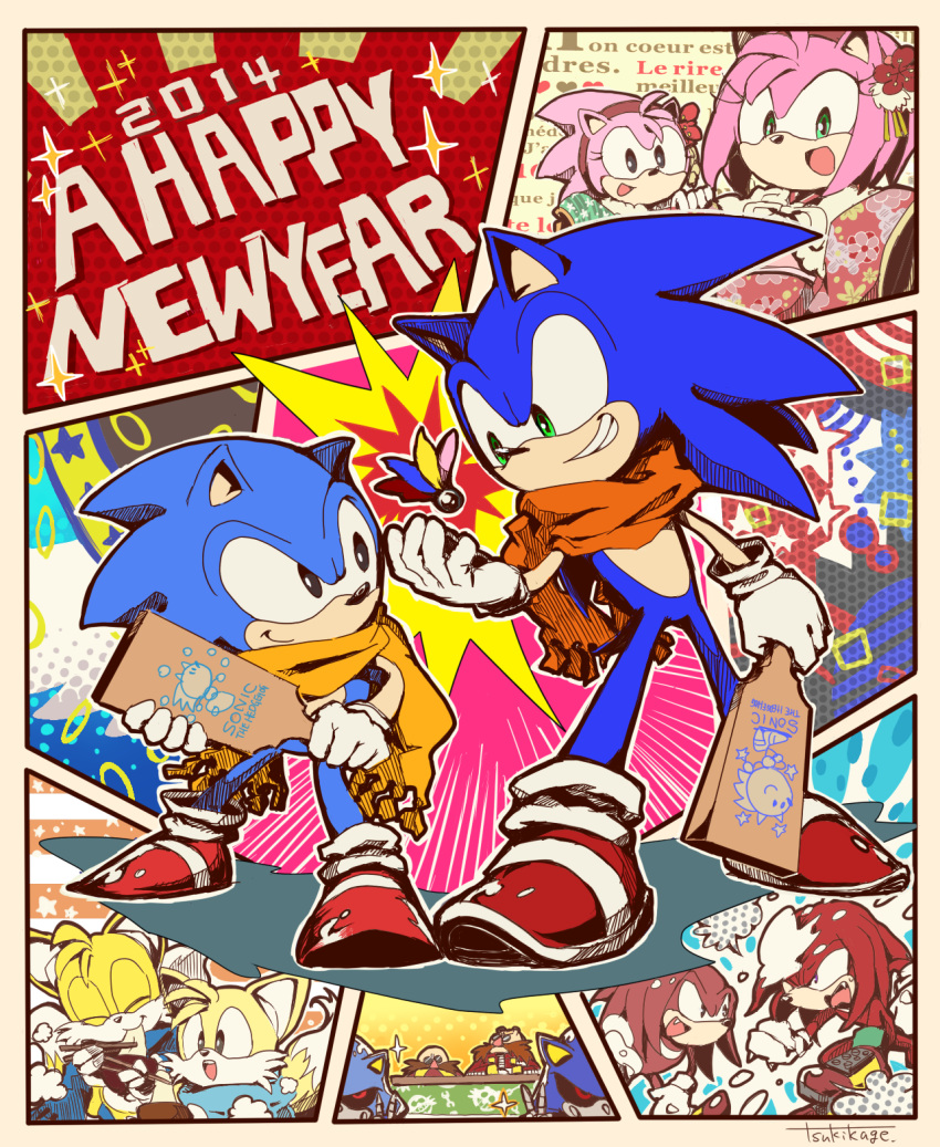 2014, amy_rose, animal_ears, anthro, classic_amy_rose, classic_sonic, classic_tails, dr._eggman, dual_persona, eating, furry, hair_ornament, highres, human, japanese_clothes, kimono, knuckles_the_echidna, kotatsu, metal_sonic, miles_prower, moonlight_(yami-tsugu), multiple_boys, multiple_girls, new_year, pad, scarf, sega, smile, snow, sonic, sonic_(series), sonic_the_hedgehog, sonic_the_hedgehog_(classic), table, tails_(sonic)