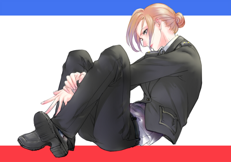 1girl, blonde_hair, blue_eyes, crimean_flag, hair_bun, hebi_utage, military, military_uniform