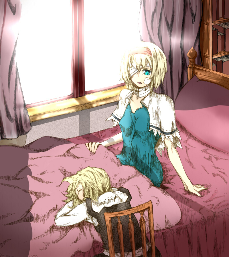 alice_margatroid, bandage_over_one_eye, bandages, bed, blonde_hair, blue_eyes, chair, crystaline_lens