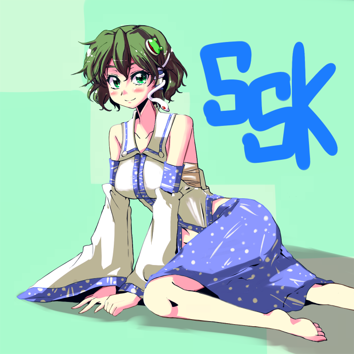 alternate_hairstyle, barefoot, detached_sleeves, feet, frog, green_eyes, green_hair, hair_ornament
