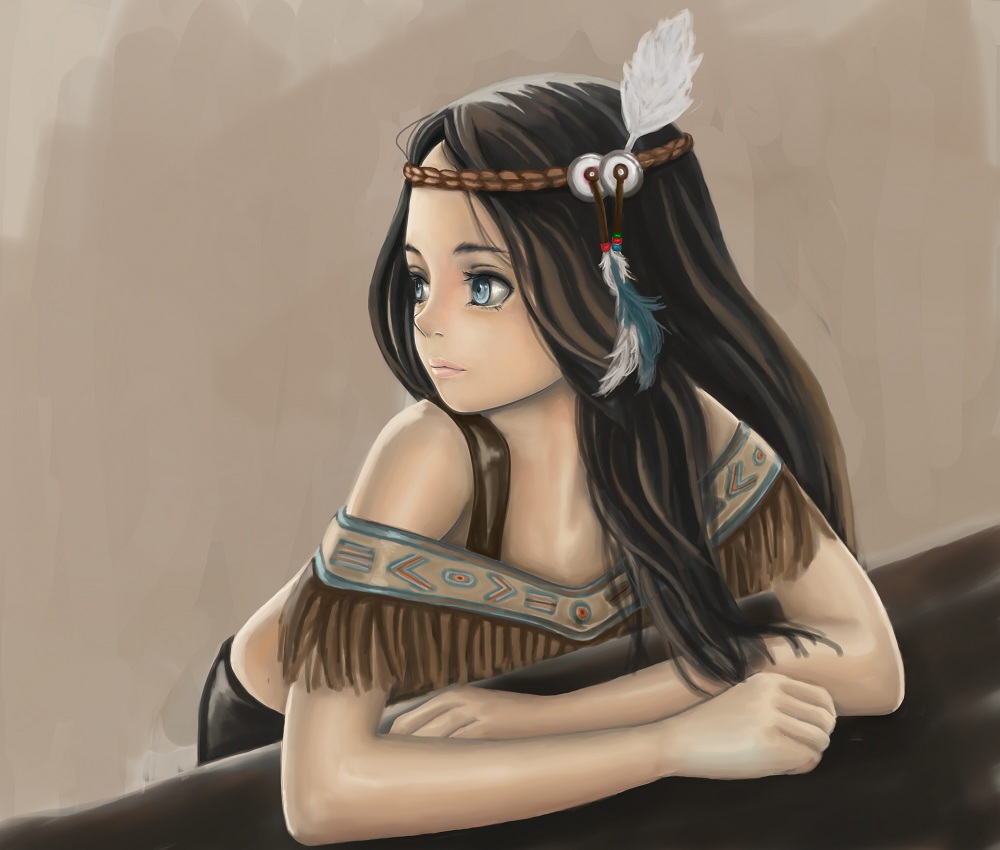 1girl, black_hair, blue_eyes, dark_skin, feathers, fringe, headband, headdress