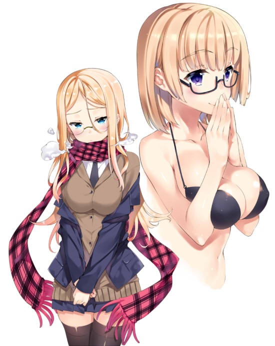 2girls, bikini, black_bikini, black_legwear, blazer, blonde_hair, blue_eyes, breast_suppress
