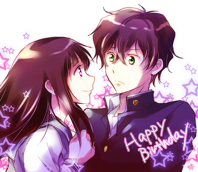 1boy, 1girl, black_hair, chitanda_eru, eye_contact, green_eyes, hyouka, koromo_(kinu)