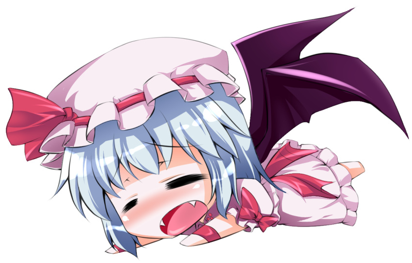 1girl, =_=, bat_wings, chibi, closed_eyes, dress, fang, hat
