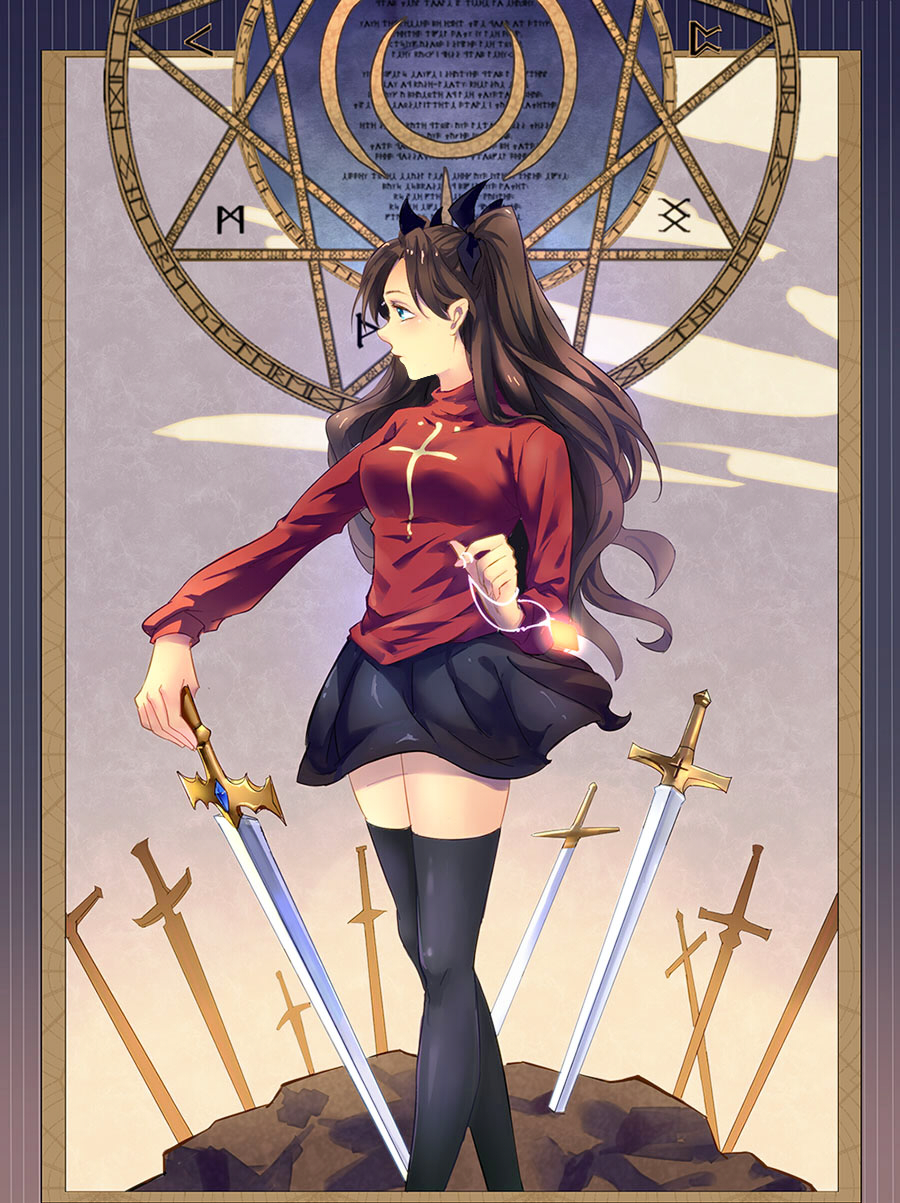 1girl, blue_eyes, brown_hair, fate/stay_night, fate_(series), field_of_blades, hair_ribbon, highres, jewelry, kiko_(soumakiko), long_hair, necklace, ribbon, solo, sword, thighhighs, tohsaka_rin, toosaka_rin, two_side_up, weapon