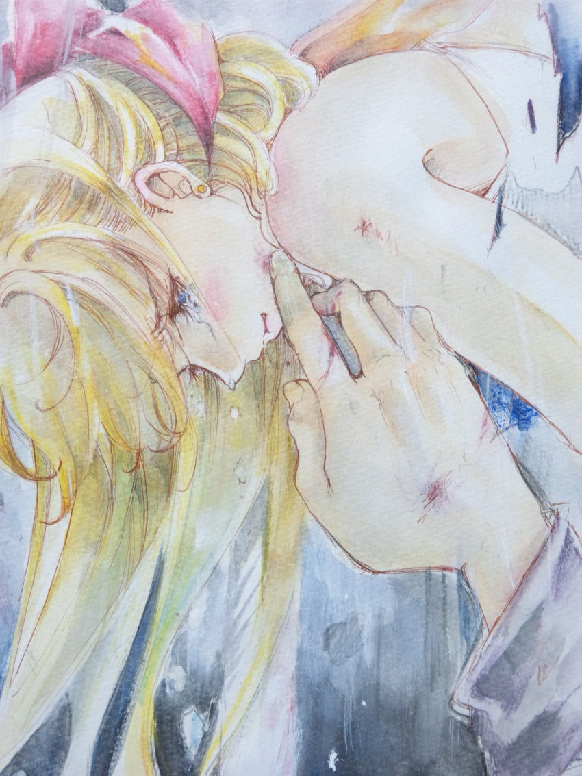 1girl, aino_minako, bishoujo_senshi_sailor_moon, blonde_hair, blood, blue_eyes, bow, crying