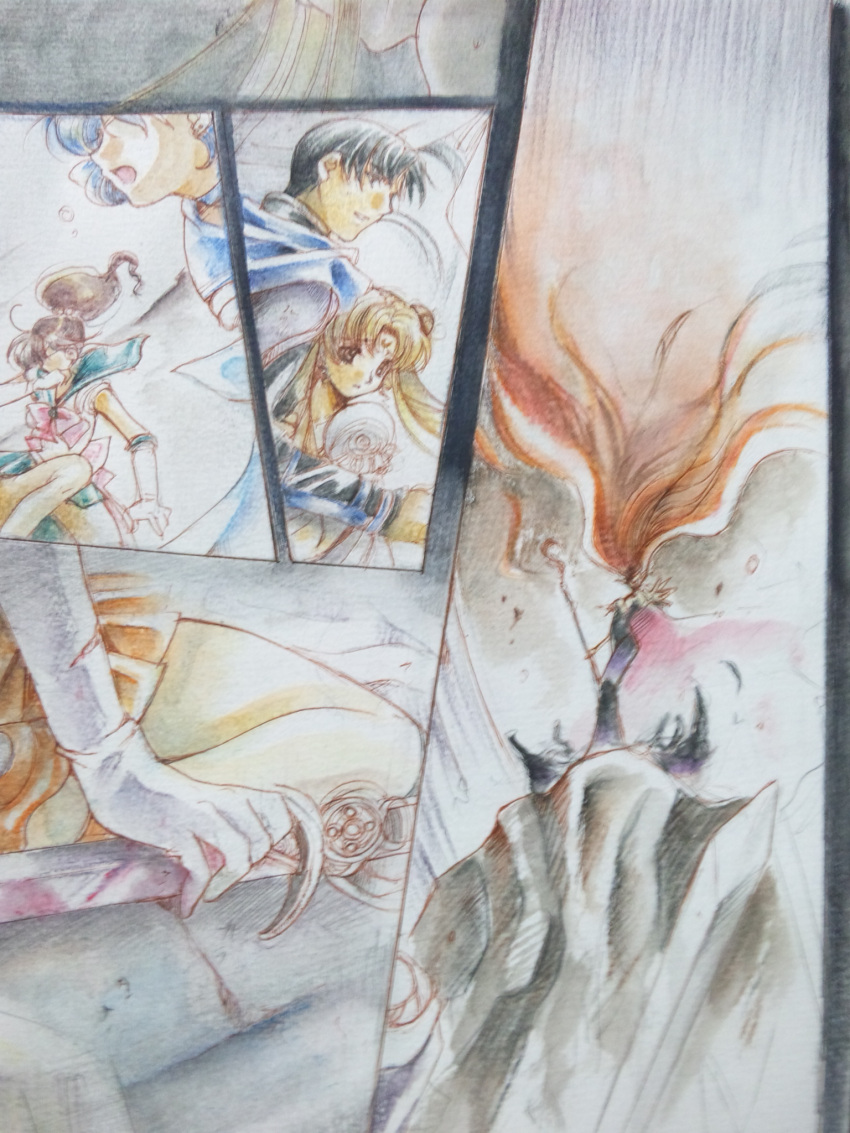 1boy, 5girls, absurdly_long_hair, aino_minako, battle, bishoujo_senshi_sailor_moon, black_hair, blue_hair