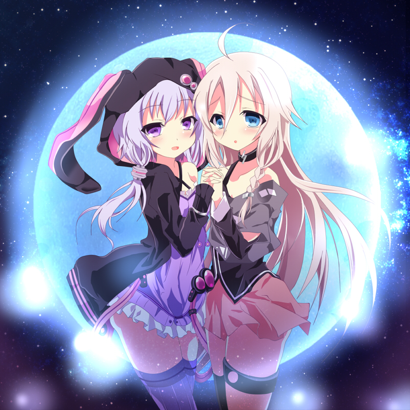 2girls, animal_ears, blonde_hair, blue_eyes, blush, braid, chihara_chiharu, choker