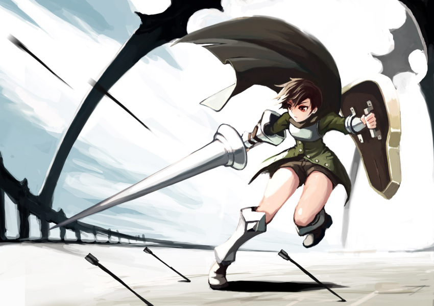 1girl, armor, arrow, boots, breastplate, brown_eyes, brown_hair, cape