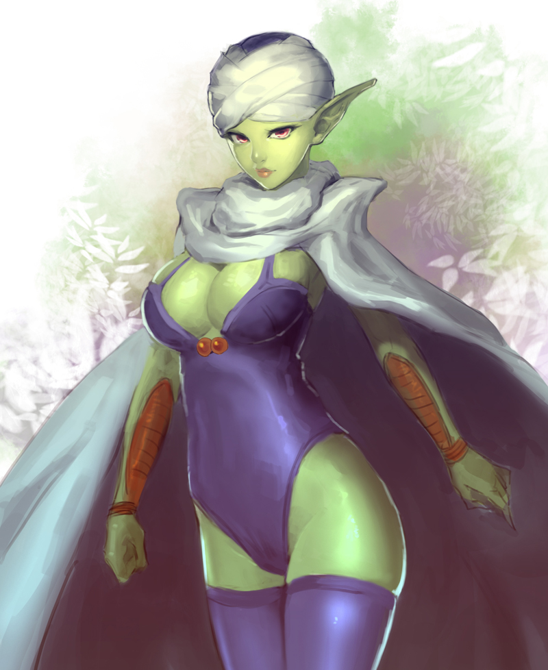 1girl, alien, breasts, cape, cleavage, dragon_ball, dragon_ball_z, genderswap