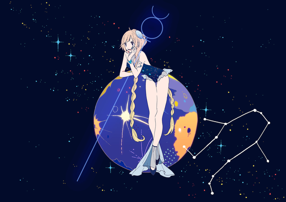 1girl, bare_legs, blonde_hair, bracelet, braid, constellation, hair_ornament, high_heels