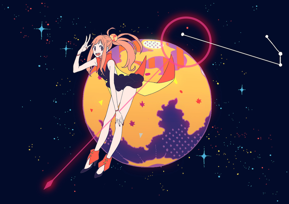 1girl, :d, aries_(constellation), bare_legs, bracelet, cape, constellation, dress
