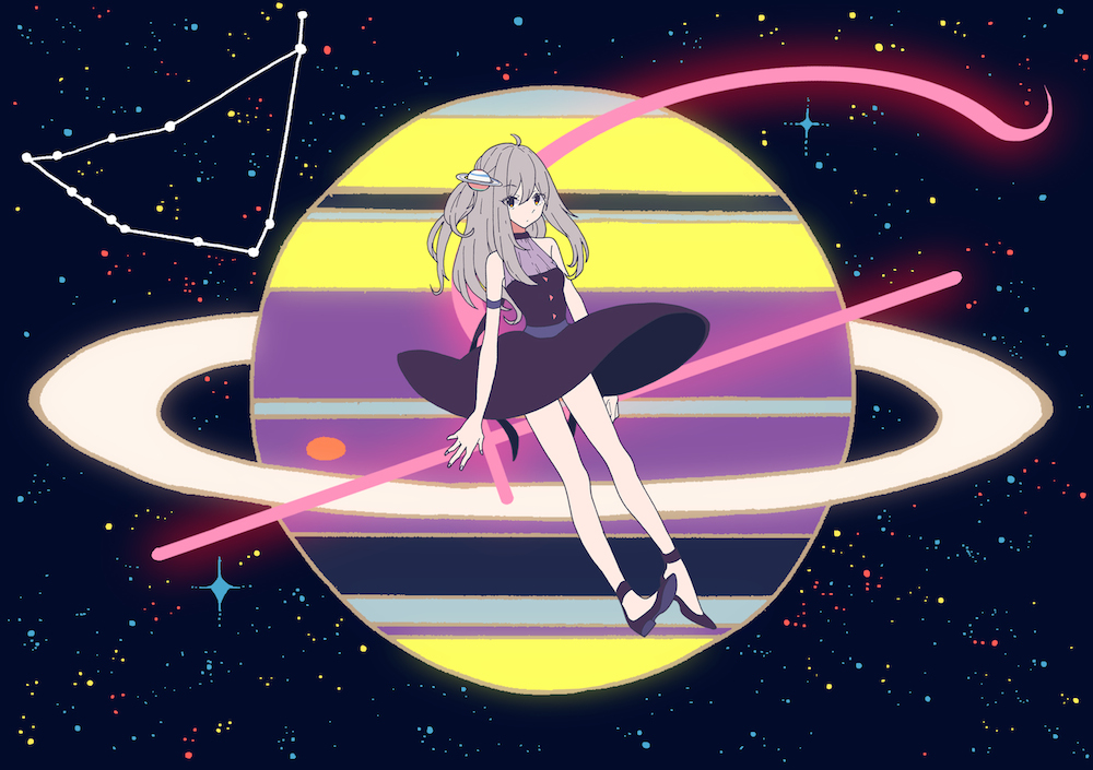 1girl, armlet, bare_legs, capricorn_(constellation), constellation, dress, grey_hair, hair_ornament, kurokeisin, long_hair, looking_at_viewer, original, personification, planet, saturn, saturn_symbol, see-through, side_ponytail, sky, solo, space, star_(sky), starry_sky