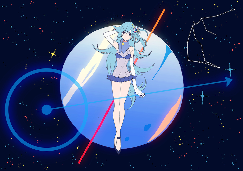 1girl, aquarius_(constellation), bare_legs, blue_hair, breasts, cleavage, constellation, elbow_gloves