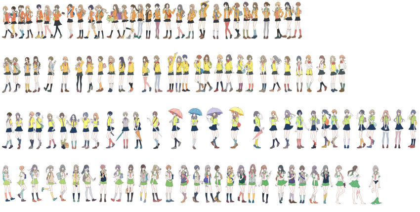 6+girls, absurdres, aqua_legwear, arms_behind_head, backpack, bag, bandaid, bangs
