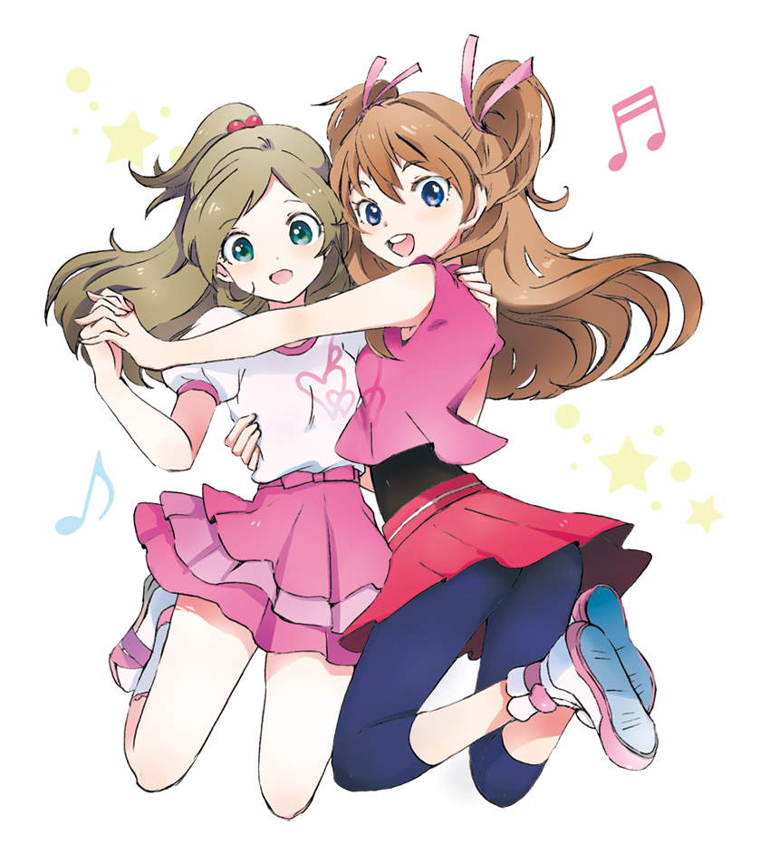 2girls, blue_eyes, blush, brown_hair, butadon, green_eyes, half_updo, heart