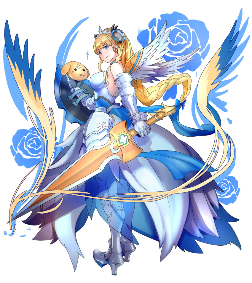 1girl, armor, armored_dress, bare_shoulders, blonde_hair, blue_eyes, braid, familiar