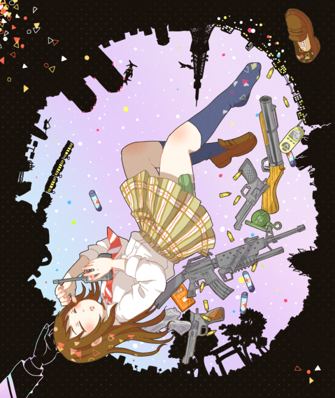 1girl, assault_rifle, blue_legwear, brown_hair, bullet, cityscape, closed_eyes, coppelion