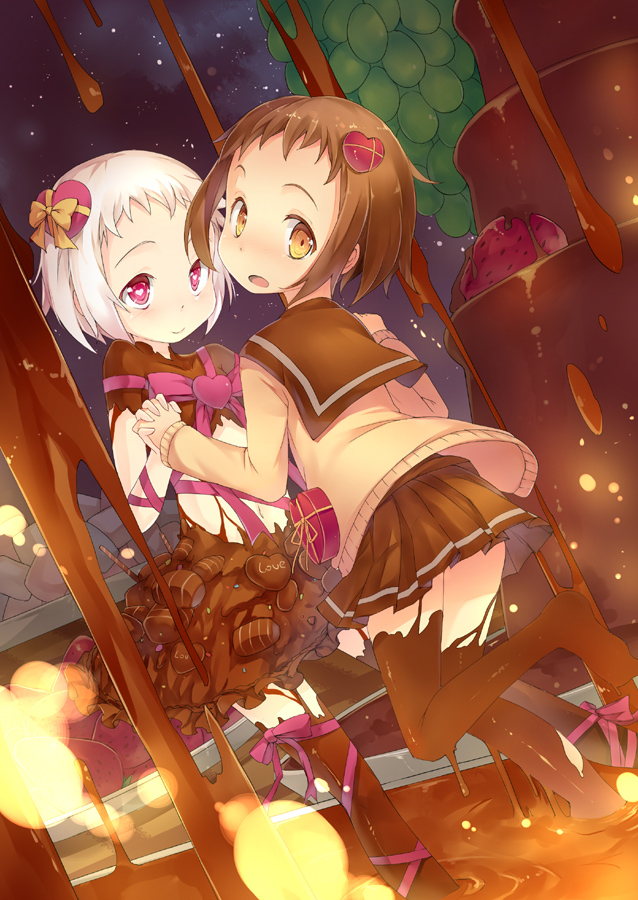 2girls, :o, ankle_lace-up, bare_shoulders, black_legwear, blush, brown_eyes, brown_hair